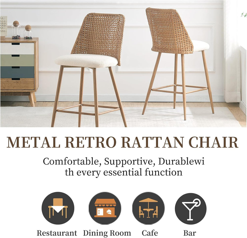 Rattan Counter Height Bar Stools Set of 2, 26" Boucle Fabric Upholstered...
