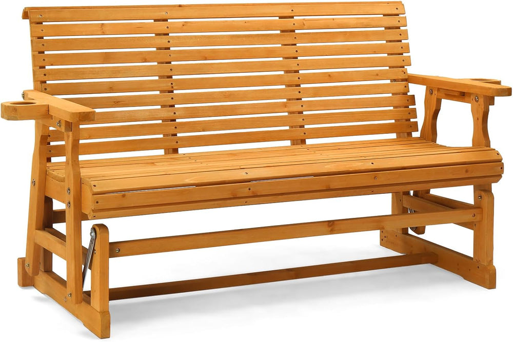 VINGLI Wooden Patio Glider, Heavy Duty 800 LBS Outdoor Glider with Cup Holder...