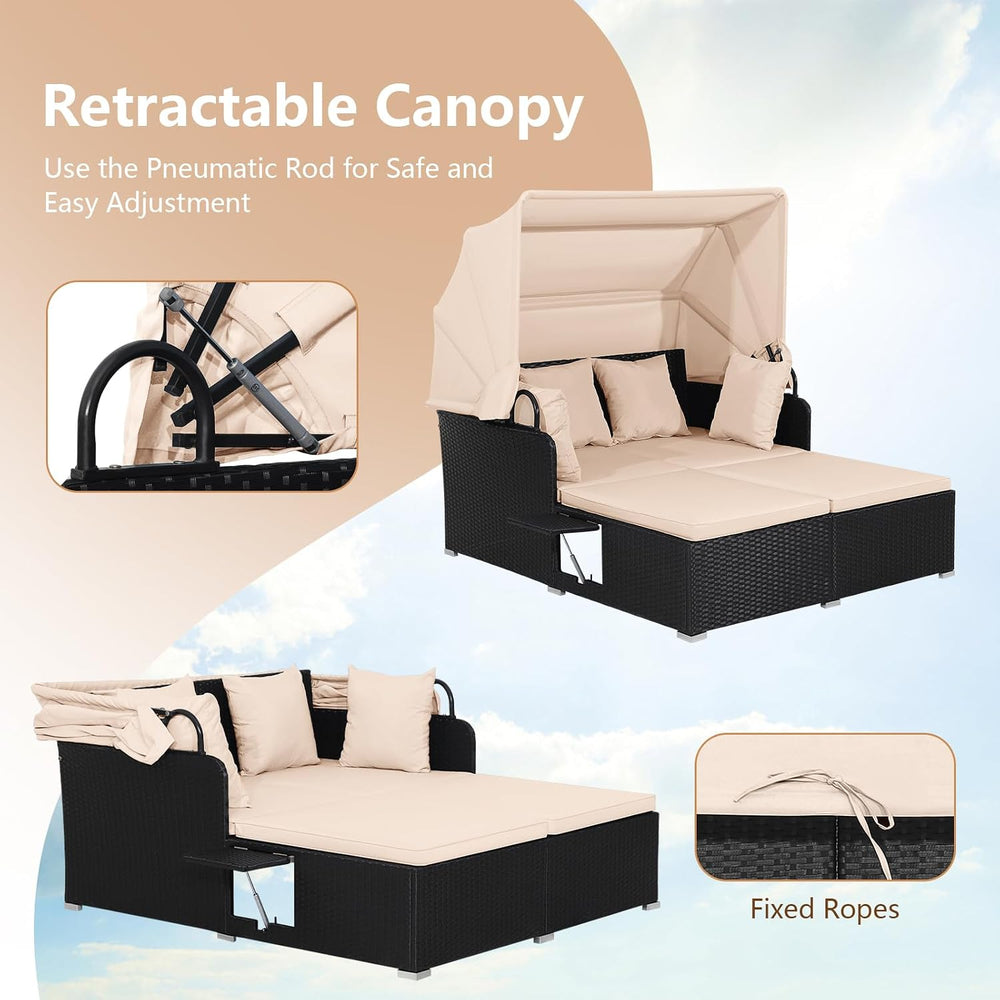 HAPPYGRILL Outdoor Wicker Lounge Daybed, Hand-Woven PE Rattan Daybed, Patio L...