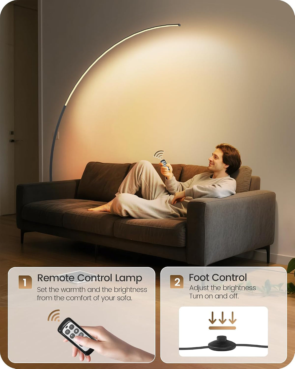 75 inch Dimmable LED Arc Floor Lamp for Living Room with Foot and Remote Cont...