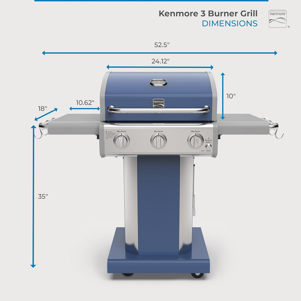 Kenmore 3-Burner Propane BBQ Grill, 30,000 BTUs Gas Grill with Cast Iron Cook...