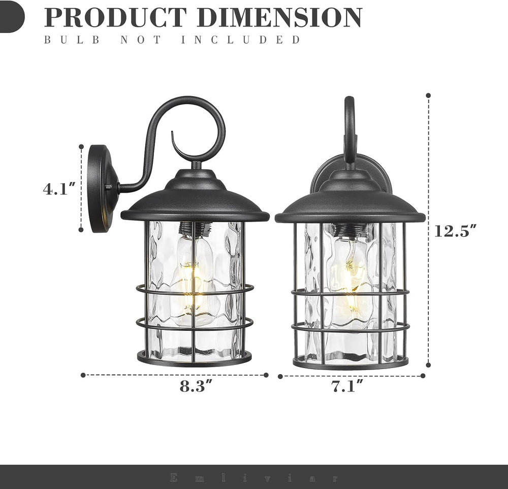Emliviar 2 Pack Outdoor Black Wall Sconces with Water Ripple Glass, E26 Base,...