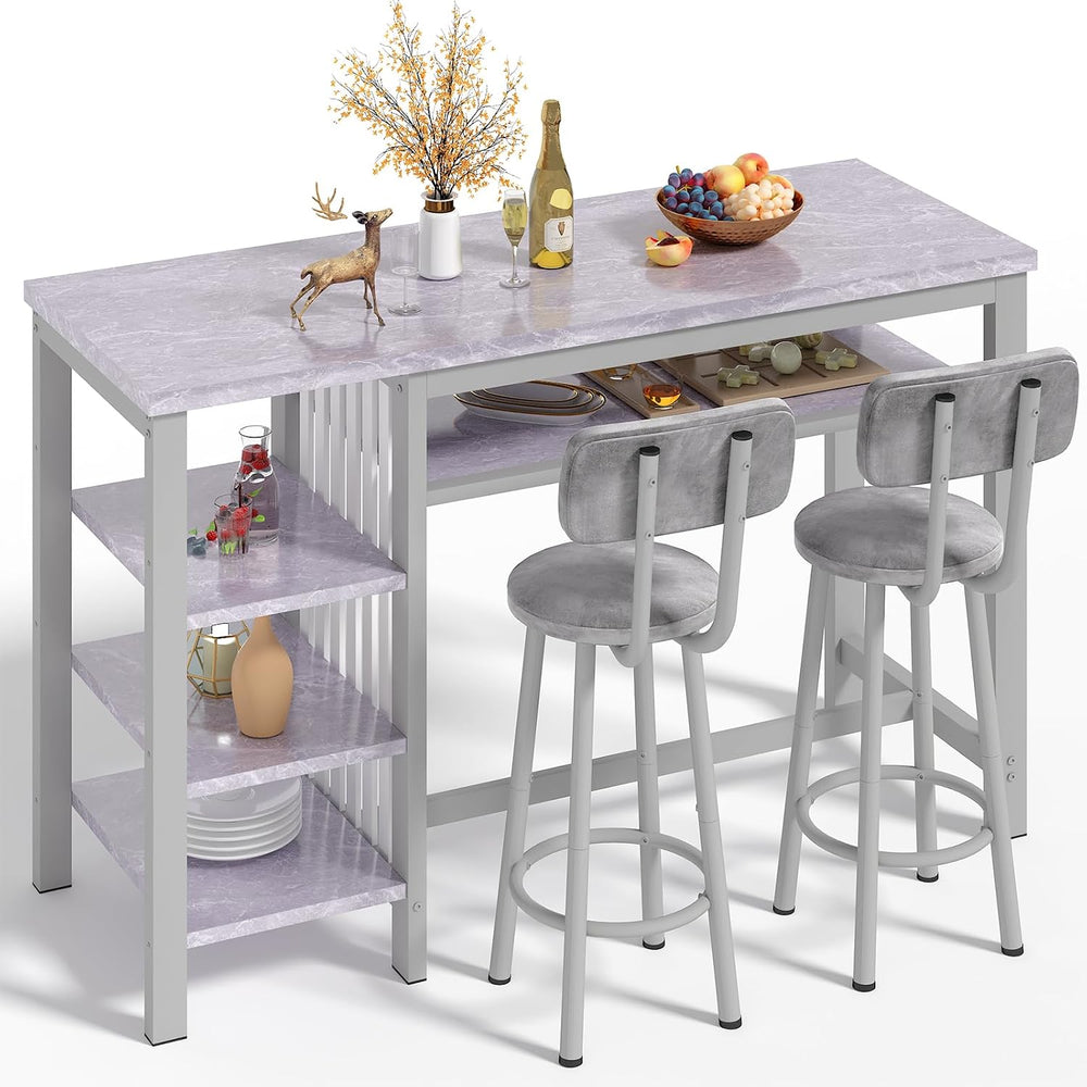 AWQM 3-Piece Bar Table and Chairs Set, Modern Gray Table with 2 PU Cushion Ba...