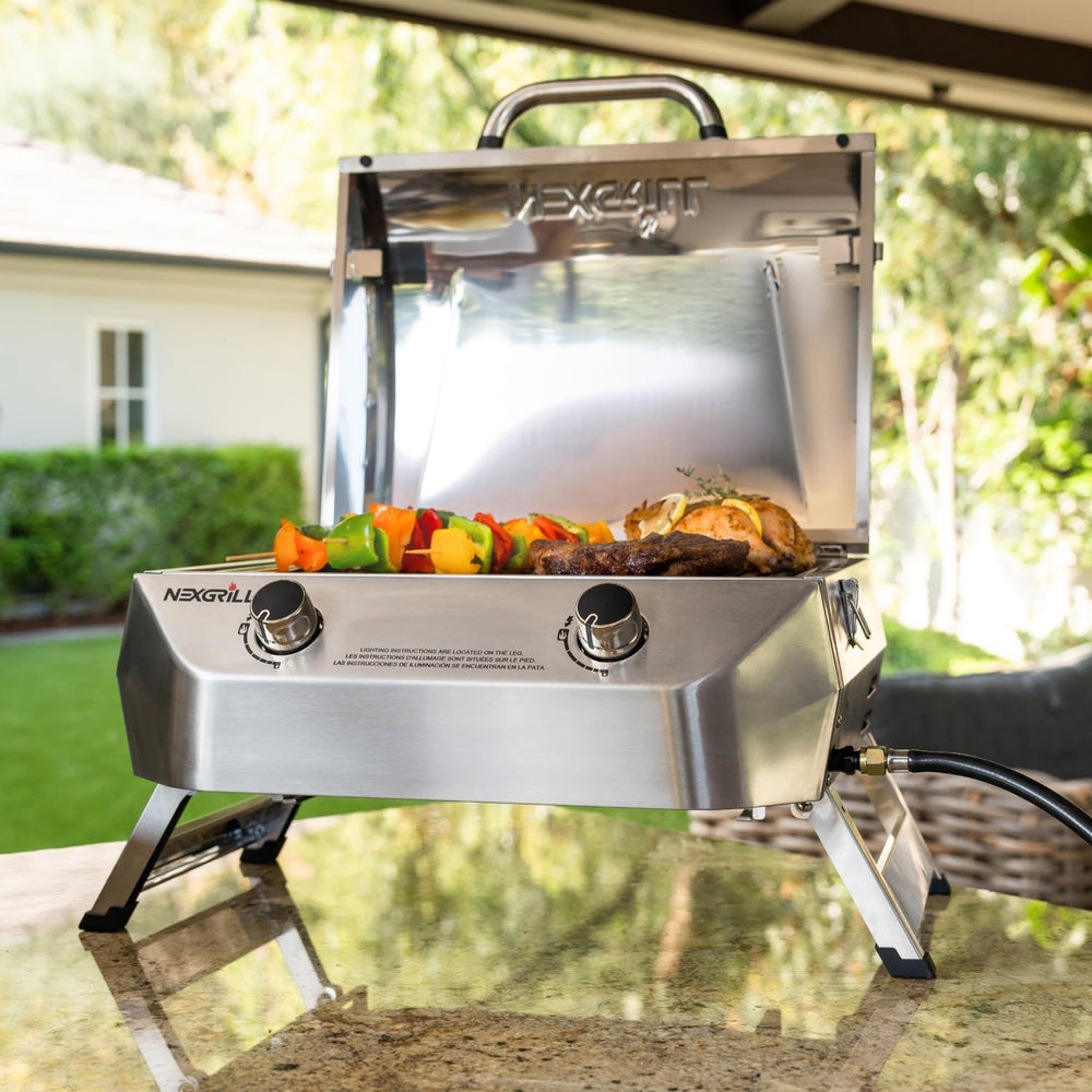 Nexgrill Tabletop 2 Burner Gas Grill, Stainless Steel with Folding Legs