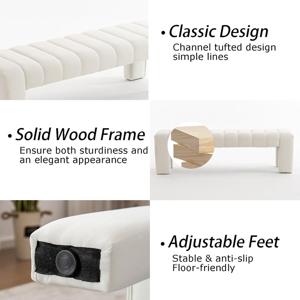 59" Velvet Bench for Bedroom King Size Bed Window End of Bed, Ivory White