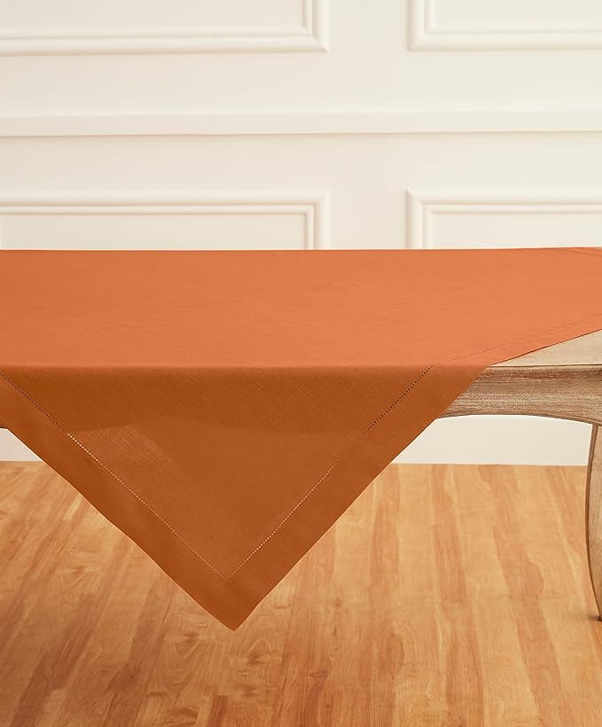 Solino Home Linen Square Tablecloth 52 x 52 Inch - 100% Pure Linen Pumpkin Ta...
