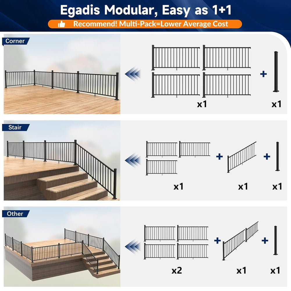 Egadis 1 Pack 42 in x 6 ft Modular Aluminum Porch and Deck Railing Kit