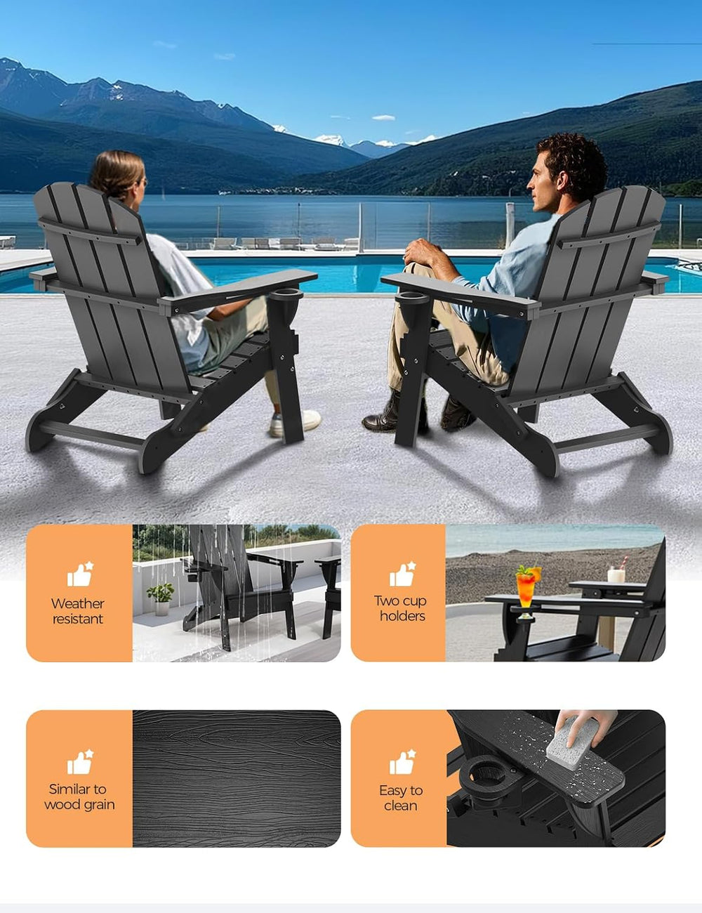 Folding Adirondack Chair Set of 2, Wooden Textured Plastic Adirondack Chairs ...