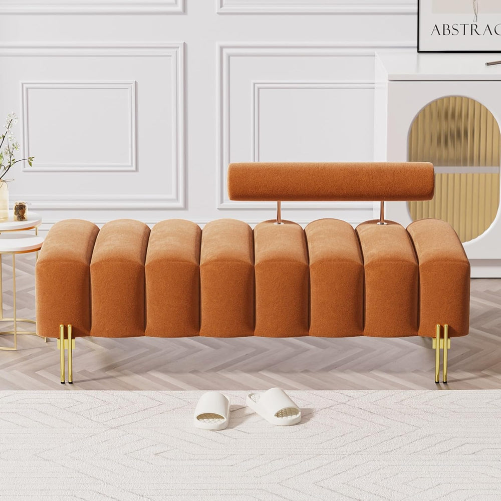 52.2" Velvet Upholstered Bench Ottoman with Adjustable Backrest, Orange