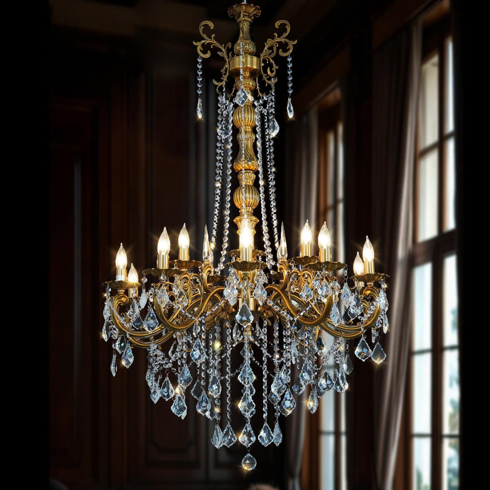 Gold Crystal Chandelier, Antique Gold Candle Chandelier High Ceiling H54"
