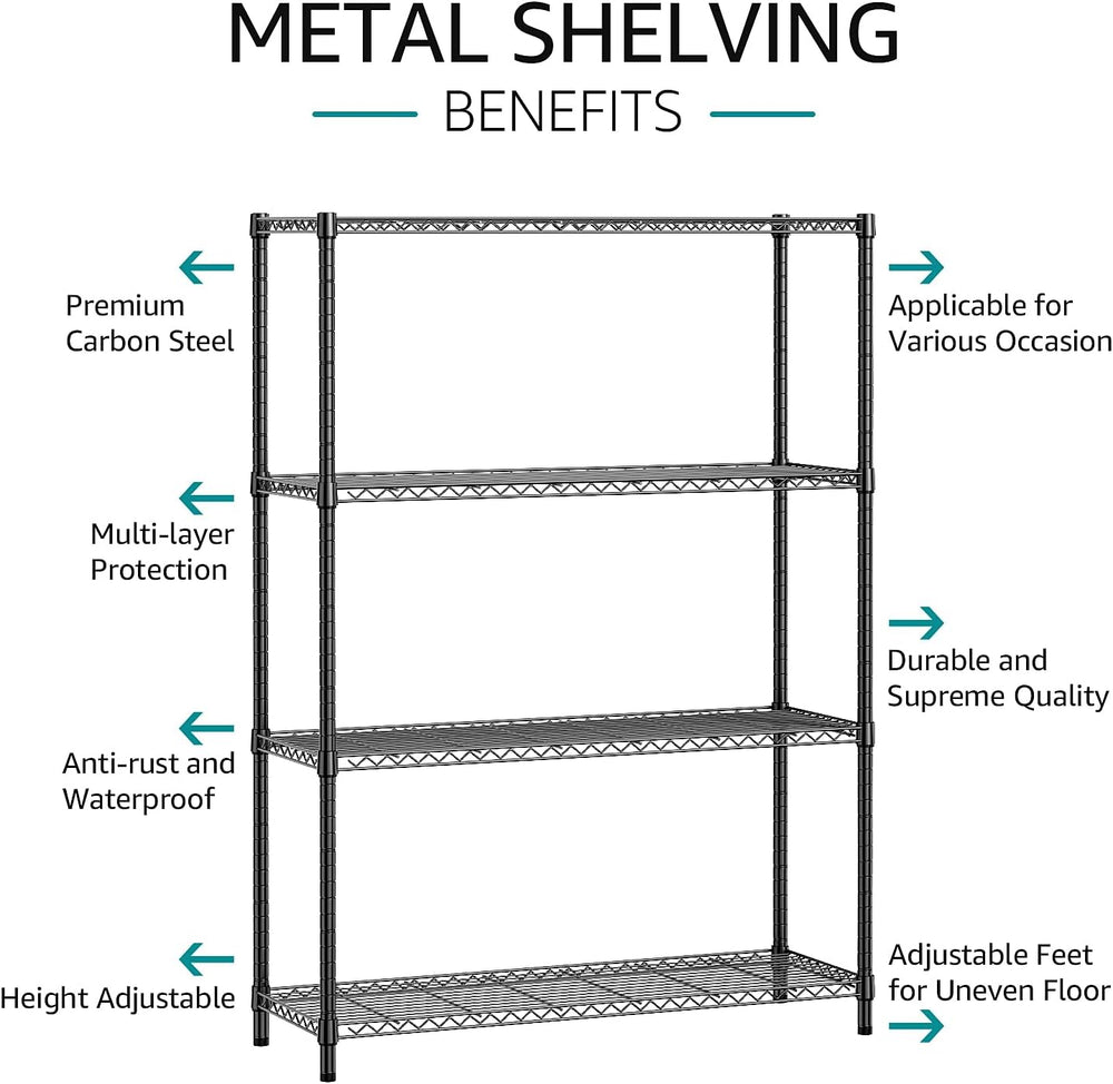 IZEUK 1400 LBS Garage Black Shelving Wide Storage Shelves 4 Tier Adjustable H...