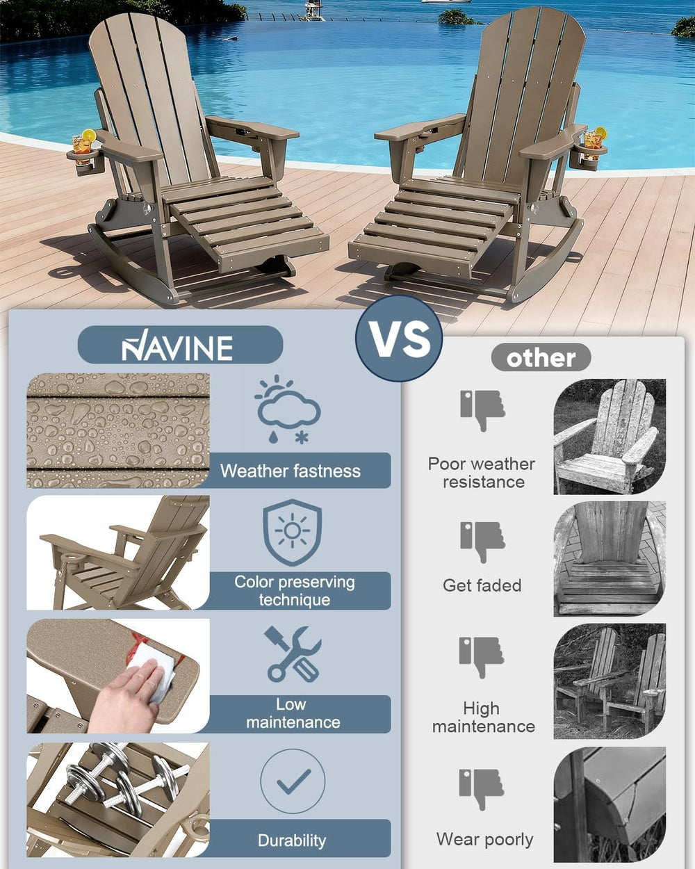NAVINE Adirondack Rocking Chairs Set of 2 with Retractable Ottoman, Brown