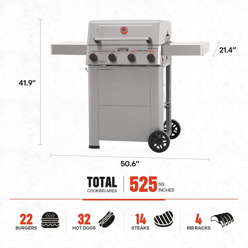 Monument Grills 4 Burner Propane Gas Grill with Advanced Broil Zone, Stainles...