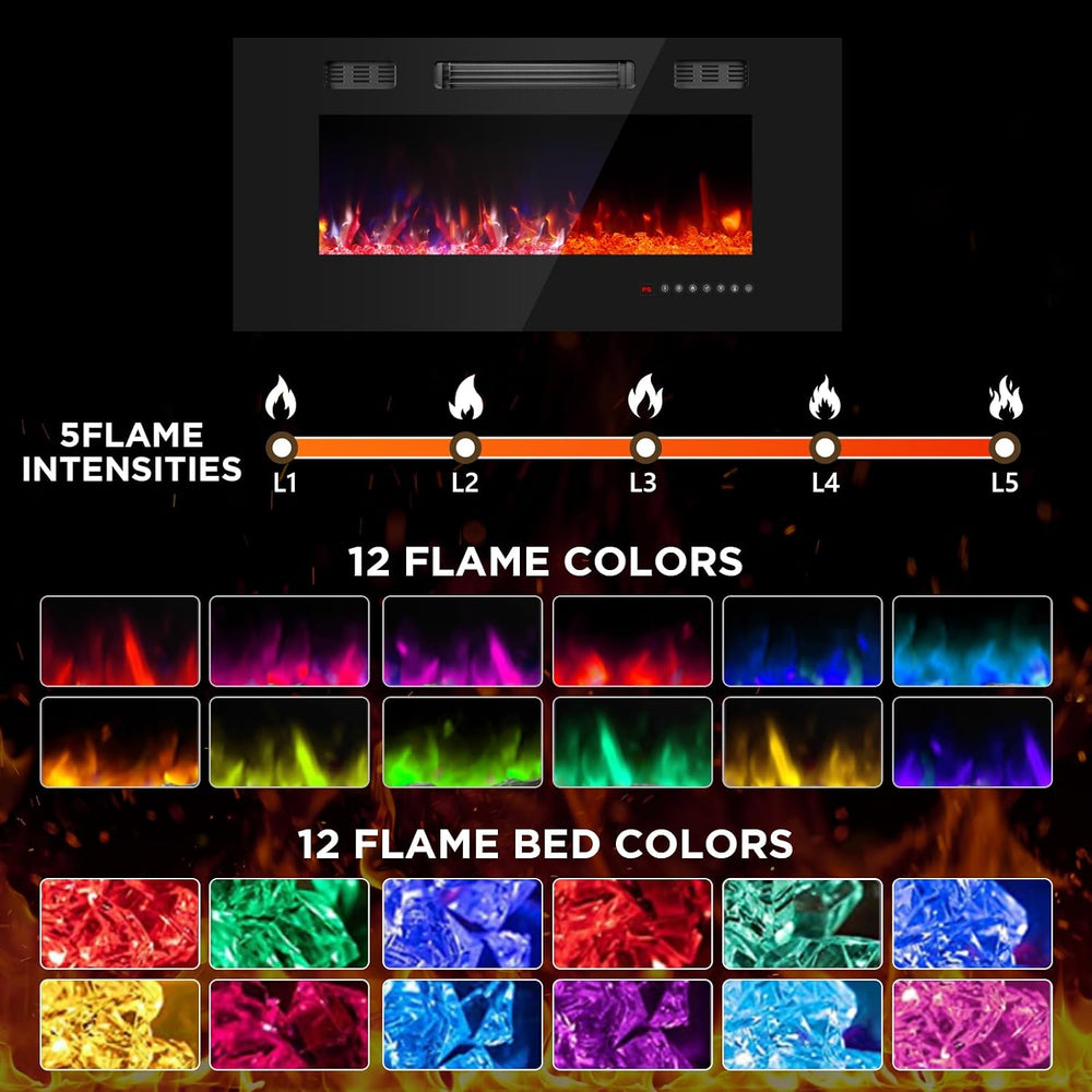 36 Inch Electric Fireplace with Crystal, Electric Fireplaces Insert, Wall Mou...