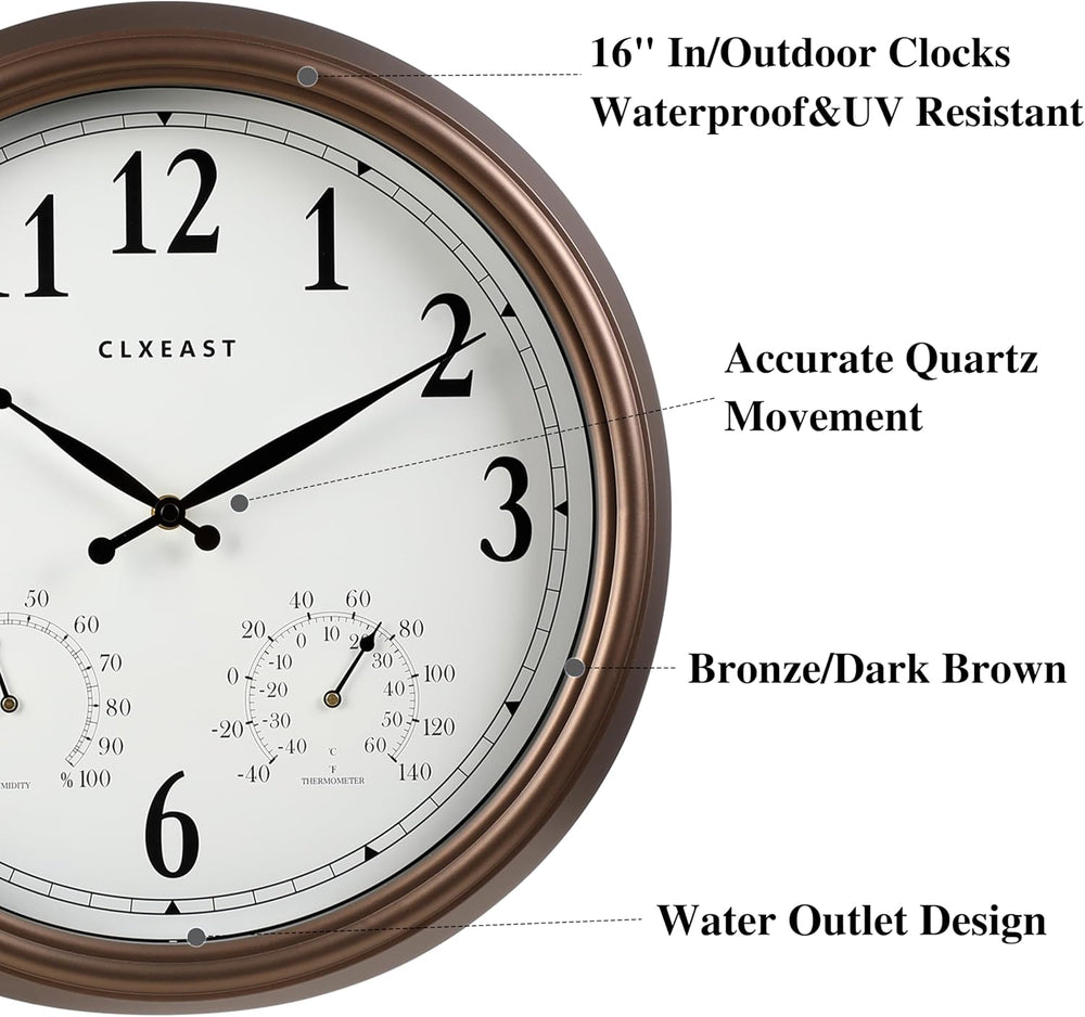 CLXEAST 16" Outdoor Clocks Waterproof with Temperature & Humidity,Brown