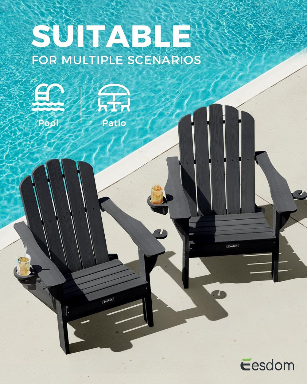Folding Adirondack Chair, All-Weather HDPE Plastic Patio Chair with 2 Cup Hol...