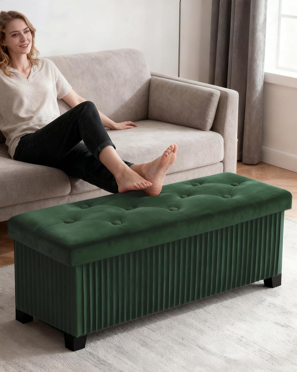 LITZFUR 43 Inches Storage Ottoman Bench, Velvet Foot Rest Stool, Green