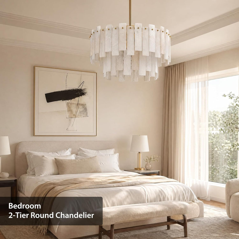 24" Alabaster Chandelier for Living Room, 2-Tier Round Brass Chandelier