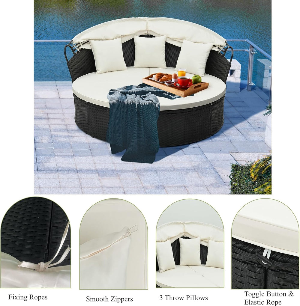 LIFEZEAL Rattan Sun Island with Sun Canopy, Garden Lounger Sun Lounger with C...
