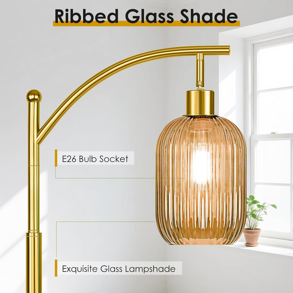 gernehop Glass Floor Lamp for Living Room, Modern Gold Standing Lamp with Rib...