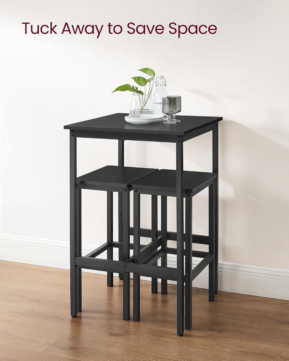 VASAGLE Bar Table and Chairs Set, Square, with 2 Stools, Space Saving