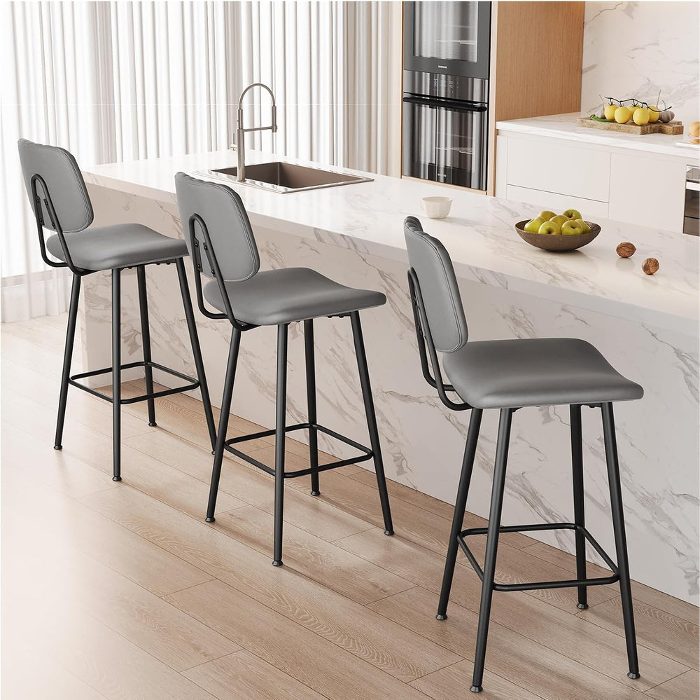 Raynesys 29-Inch Leather Bar Stools Set of 3 with High Backrest, Grey
