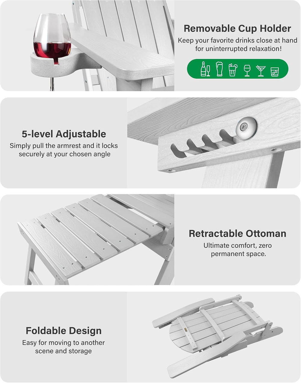 YEFU Adjustable Adirondack Chair with Footrest,All-Weather, Set of 2,White