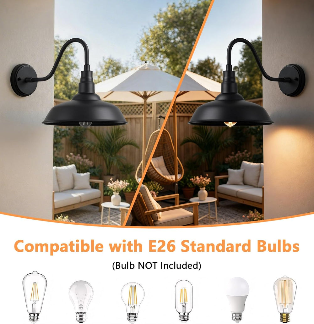 10" Outdoor Gooseneck Barn Lights, Black Farmhouse Fixtures, 2-Pack