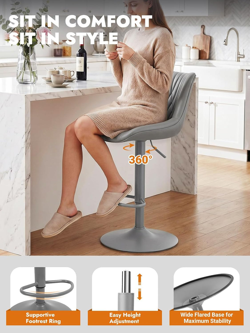 Swivel Bar Stools Set of 4, Height Adjustable Counter Height Bar Stools with ...