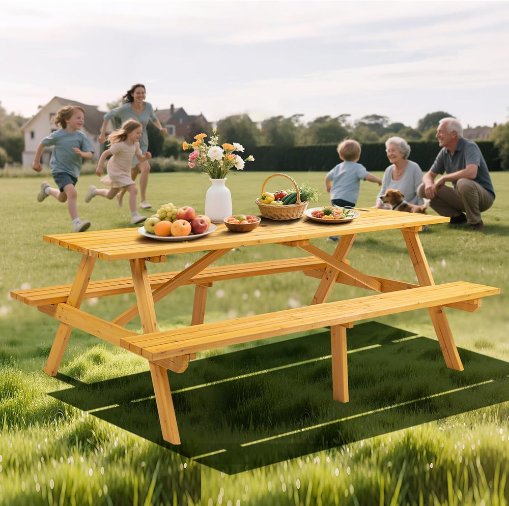 75" Rectangular Outdoor Picnic Table with Built-in Benches & Umbrell...