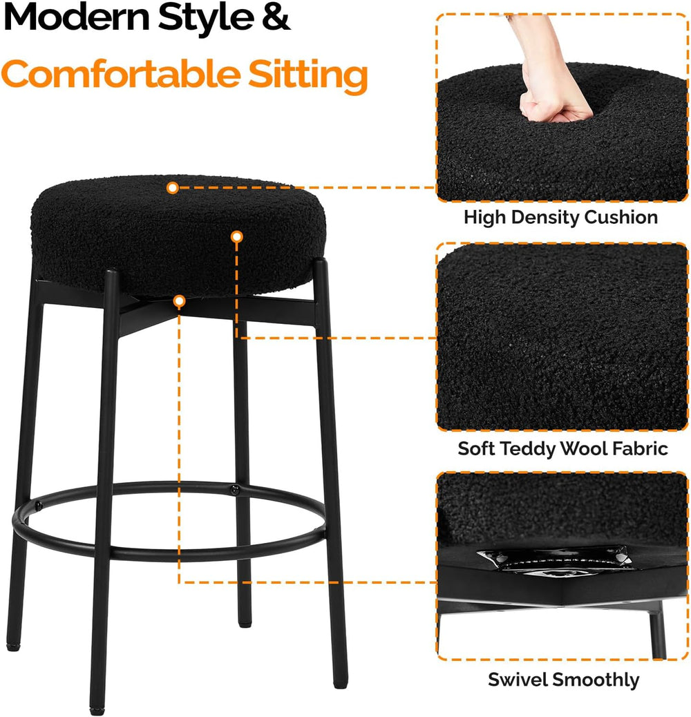 VINGLI Swivel Round Barstools 24" H Set of 2, Teddy Wool Upholstered Bar...