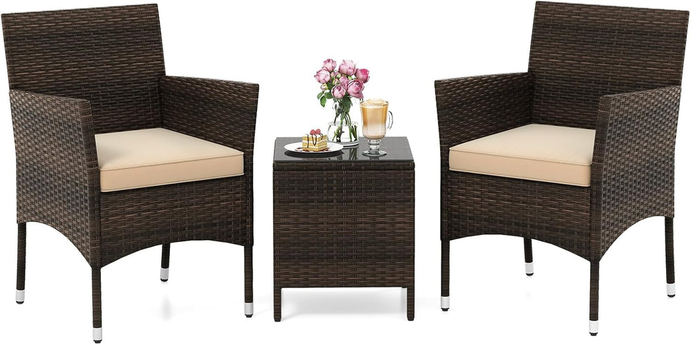 RELAX4LIFE 3-Piece Patio Furniture Set - Rattan Wicker Outdoor Conversation S...