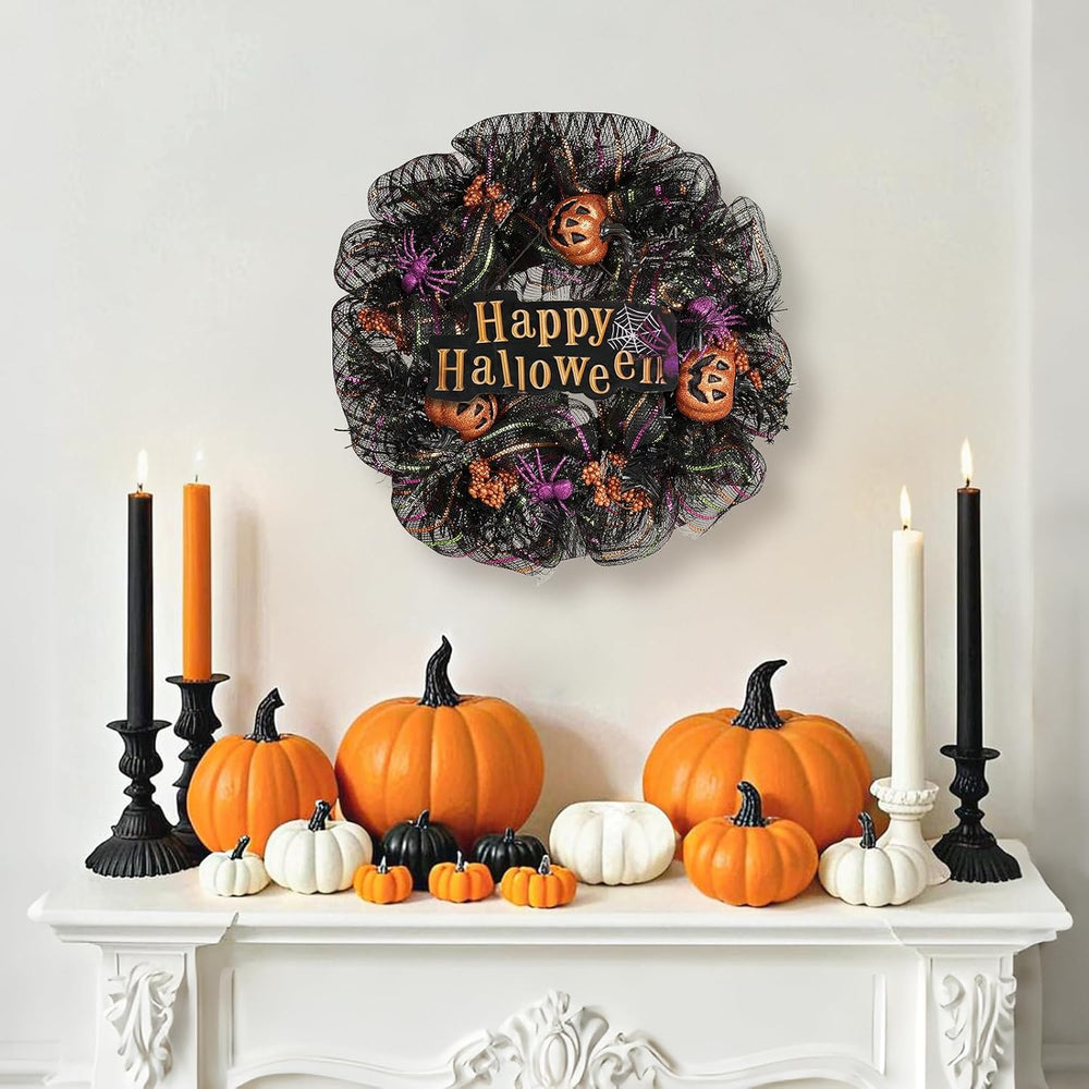 24 inch Wreath, Halloween Wreath for Front Door, Halloween Spider Decor Pumpk...