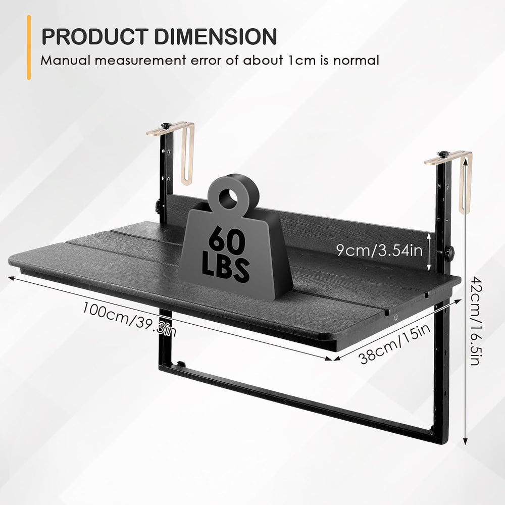 HDPE 39.3" Outdoor Folding Balcony Bar Table for Railings, Black
