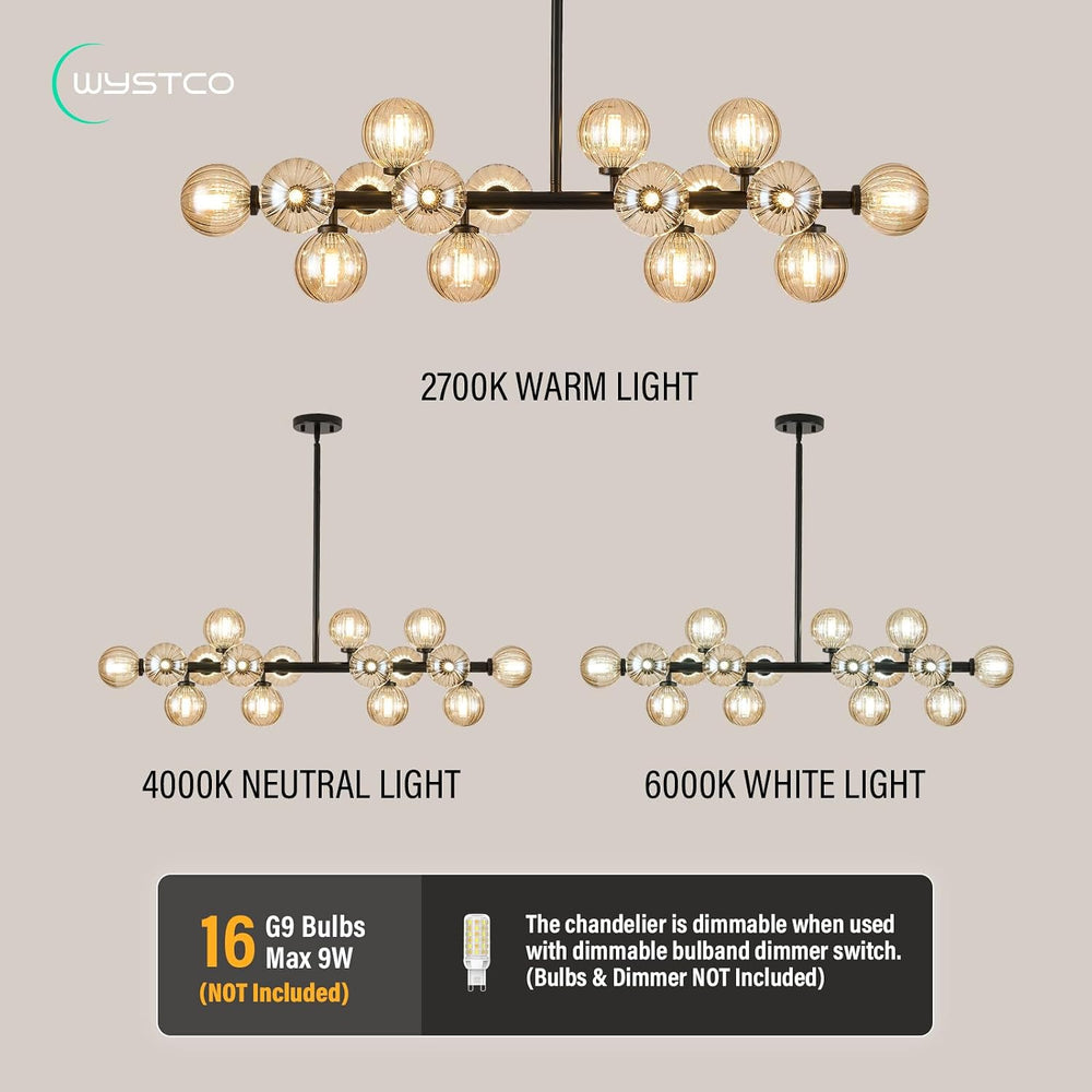 16-Light Glass Globe Sputnik Chandelier, Linear Dining Room Light Fixture Ove...