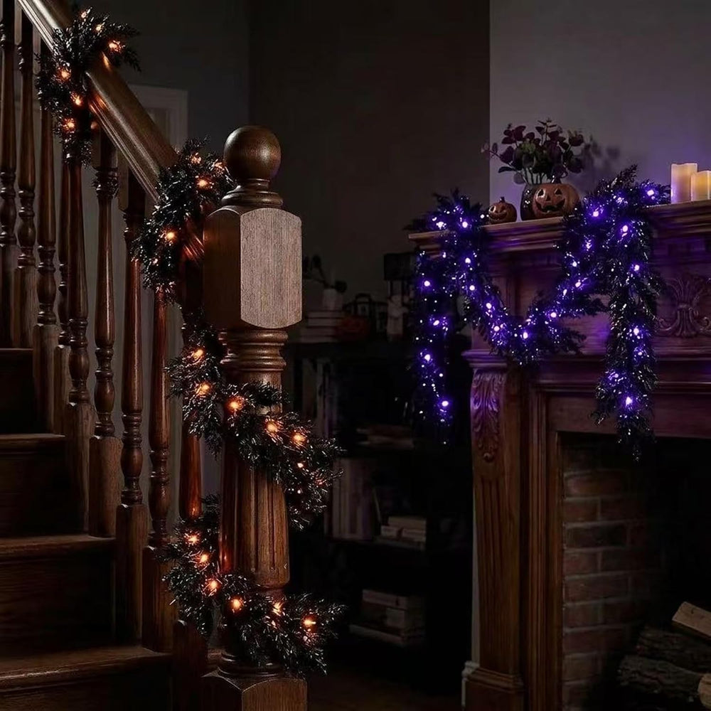 6 FT Prelit Black Halloween Garland, 30 LED Purple Orange