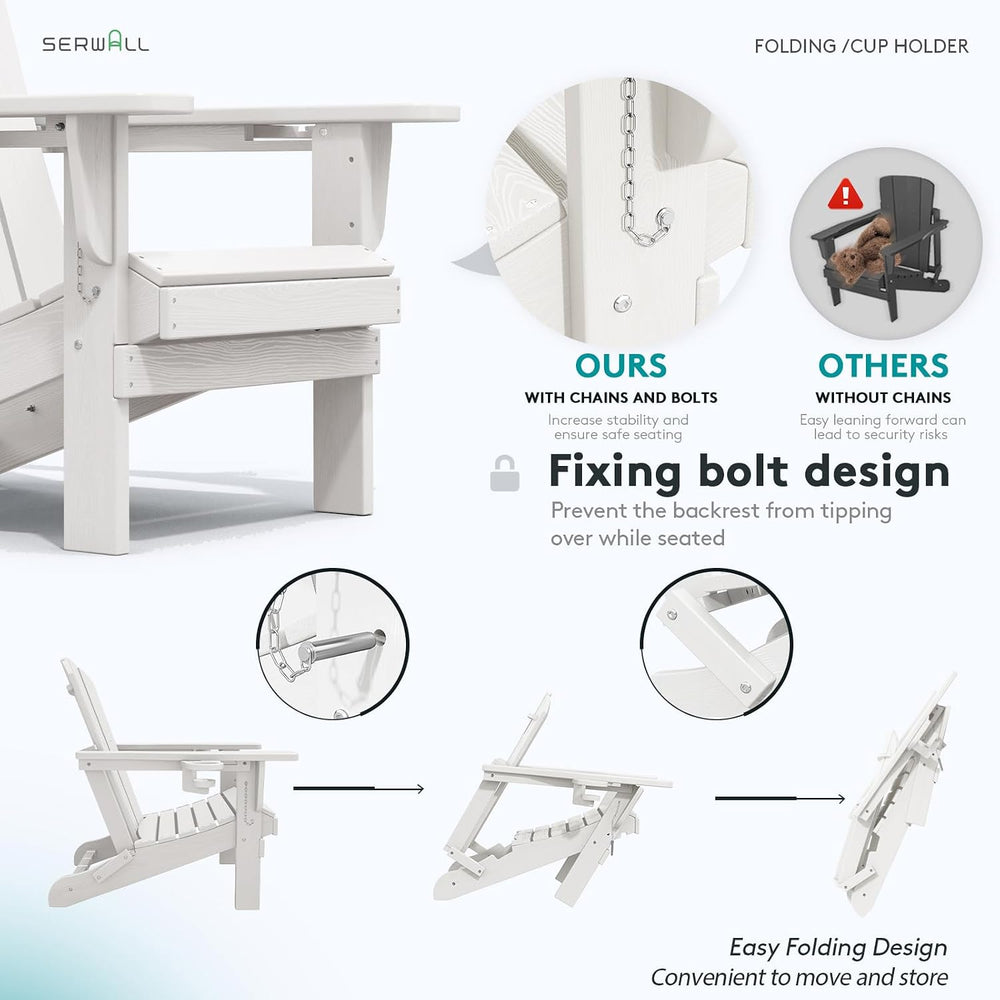 SERWALL Outdoor Adirondack Chairs with 2 Cup Holders,Foldable,White