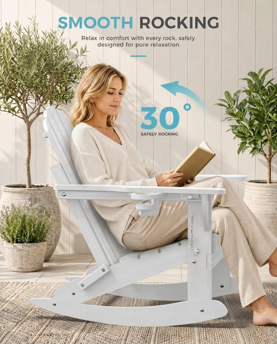 Ciokea Adirondack Rocking Chair with Ottoman, Foldable HDPE Rocker (White)