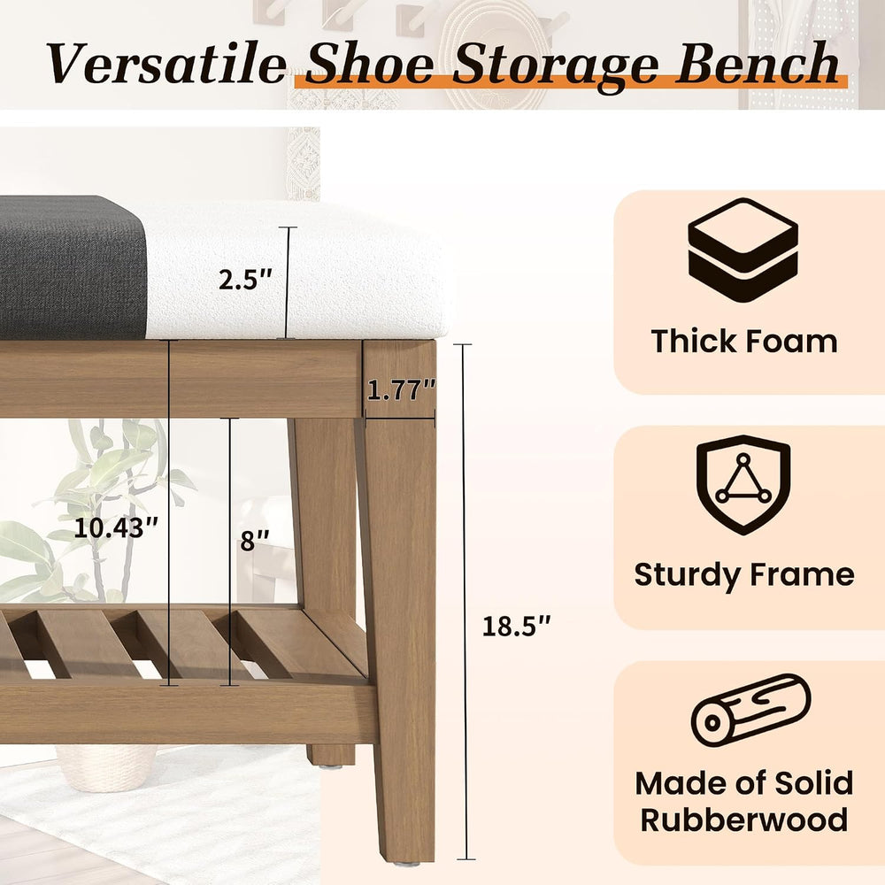 Apicizon 45" Shoe Rack Bench with Upholstered Cushion, Solid Rubberwood ...