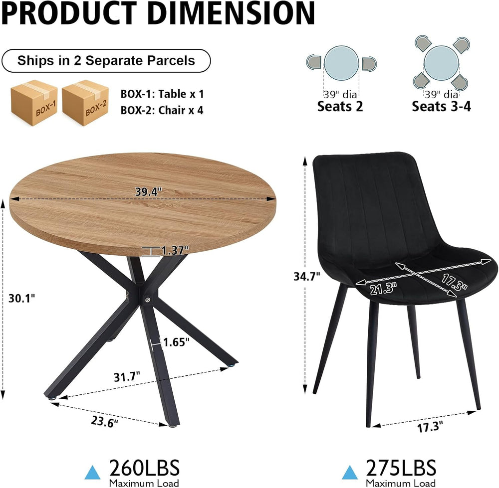 39" Round Dining Table Set for 4, Brown Table & 4 Black Chair