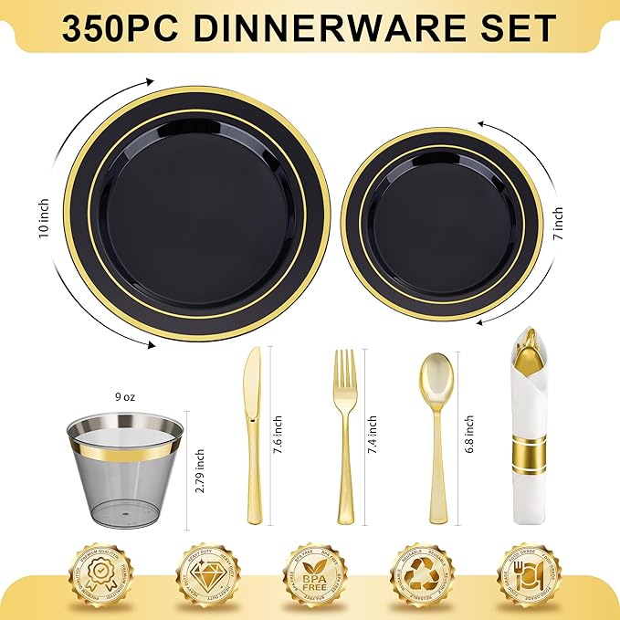 BESTVIP 350PCS Black Gold Dinnerware Set for 50 Guests, Plastic Plates for Ha...