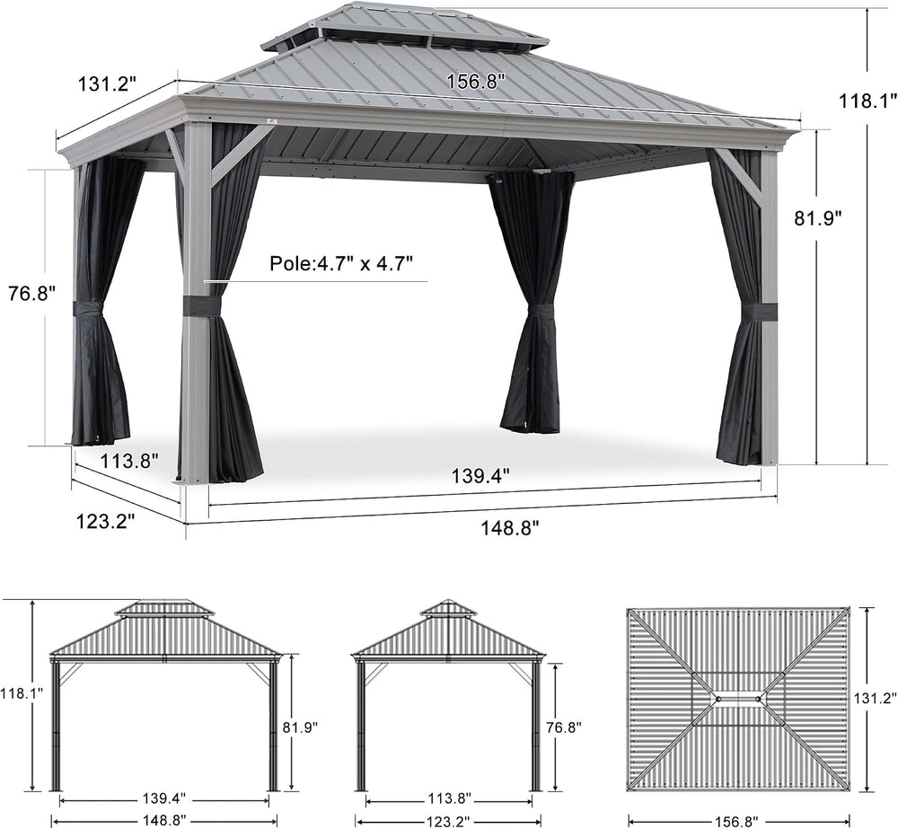 PURPLE LEAF Hardtop Gazebo 11' x 13' Patio Gazebo, Black Curtain &amp...