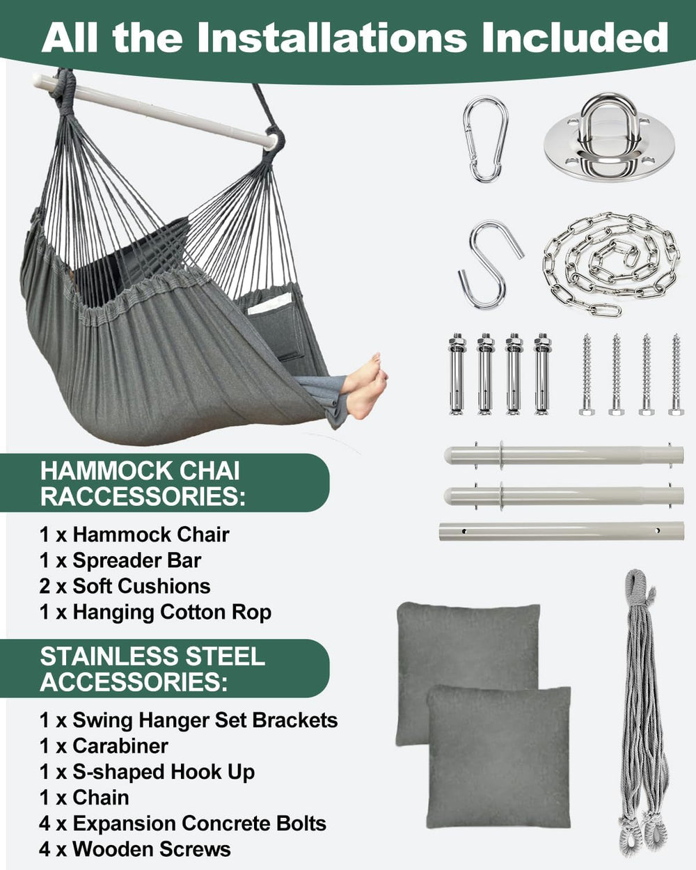 Lulladle Hammock Chair XXL with 2 Cushions, 500 lbs, All Hardware Included