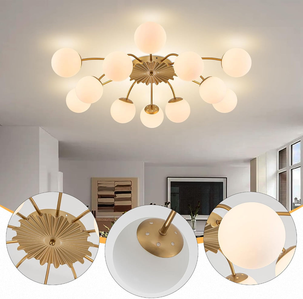 12-Light Large Bubble Ceiling Light with Milk Glass Globe Lampshade, Gold