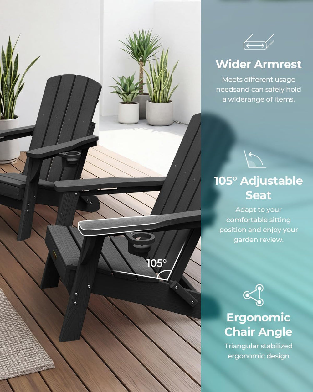 Folding Adirondack Chair, HDPE Adirondack Chairs with 2 Cup Holder, Plastic A...
