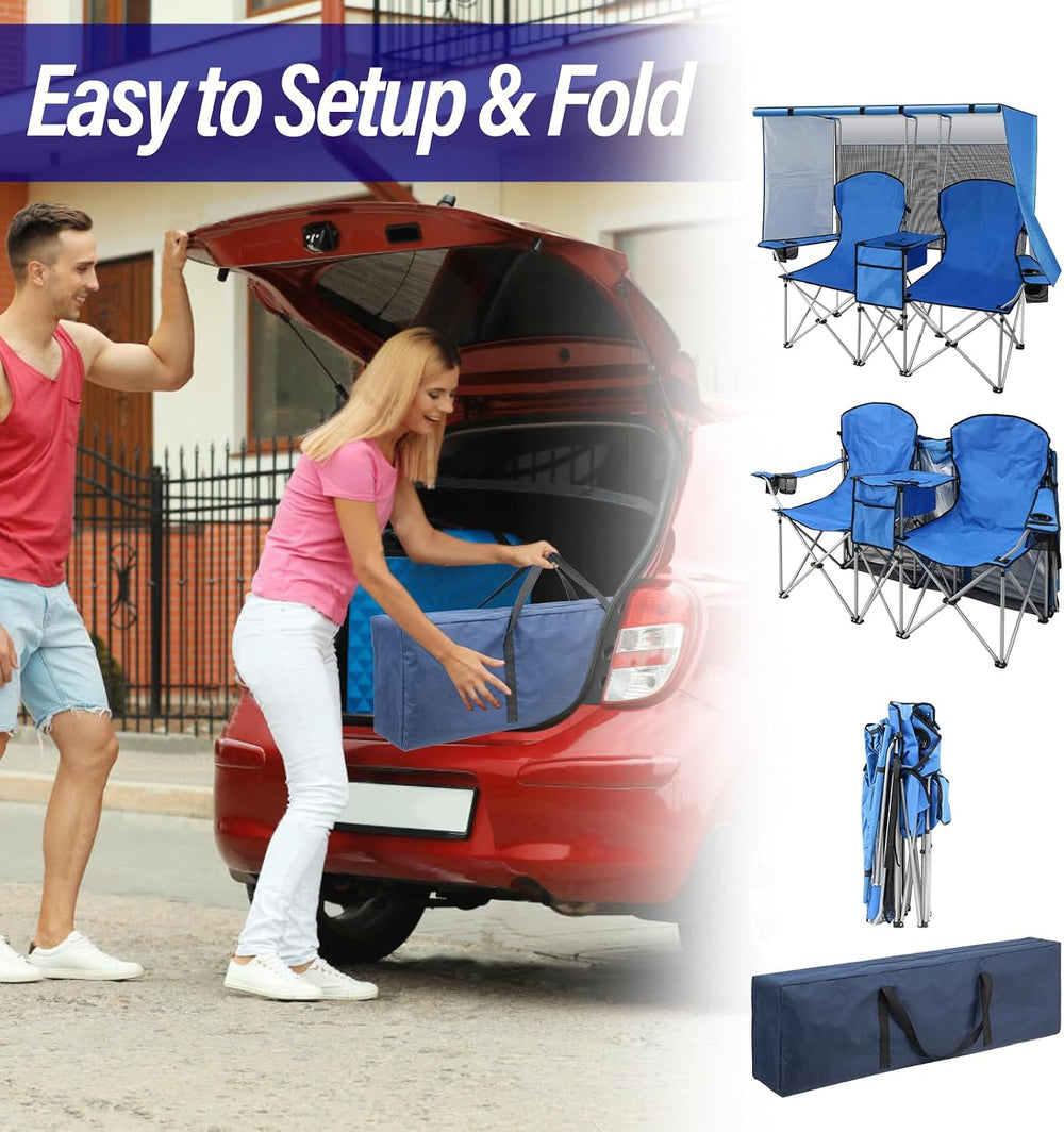 ptlsy Folding Double Camping Chair with Canopy Shade for Beach Lawn (Blue)