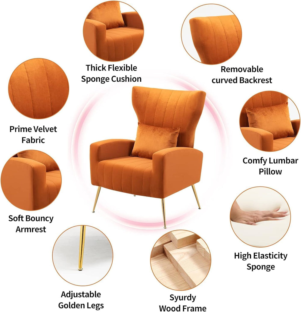 Modern Accent Chairs Set of 2, Wingback Chair with Arm & Gold Legs, Livin...