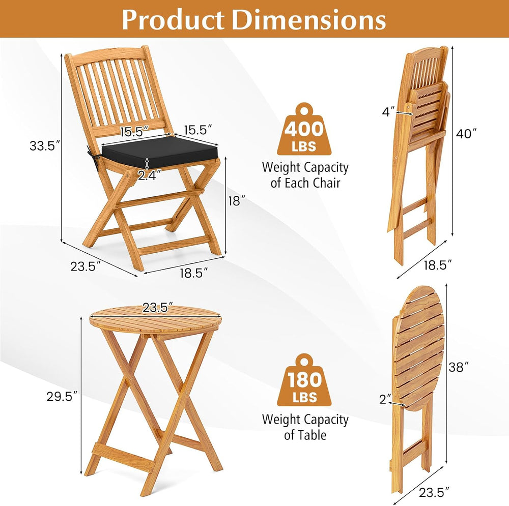 Tangkula 3 Piece Patio Folding Bistro Set, Outdoor Acacia Wood Chair and Tabl...