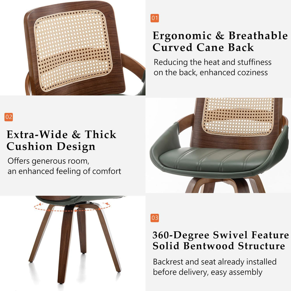 Set of 2 Green Rattan Dining Chairs - Mid Century Modern Dining Chairs with W...