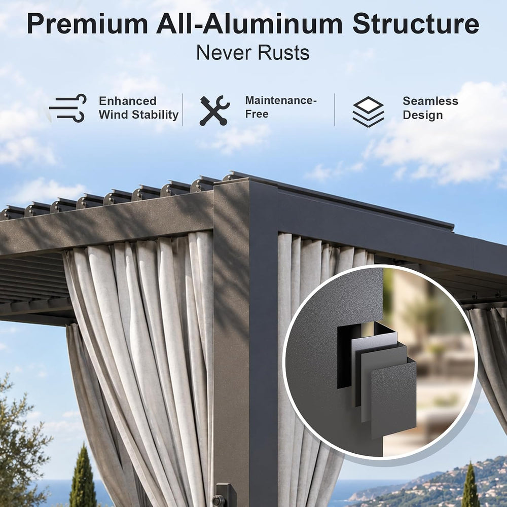 Aoxun Louvered Pergola 10x10 All-Aluminum, String Lights,Curtains & Netting